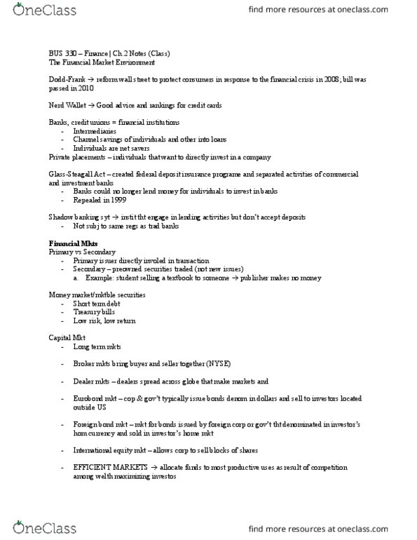 BUS 330 Lecture Notes - Lecture 2: United States Treasury Security, Insider Trading, Federal Deposit Insurance Corporation thumbnail