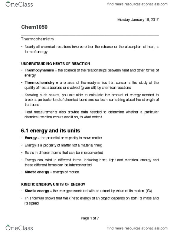 CHEM 1050 Chapter Notes - Chapter 6.1, 6.2, 6.3 and 6.6: State Function, Thermodynamics, Endothermic Process thumbnail