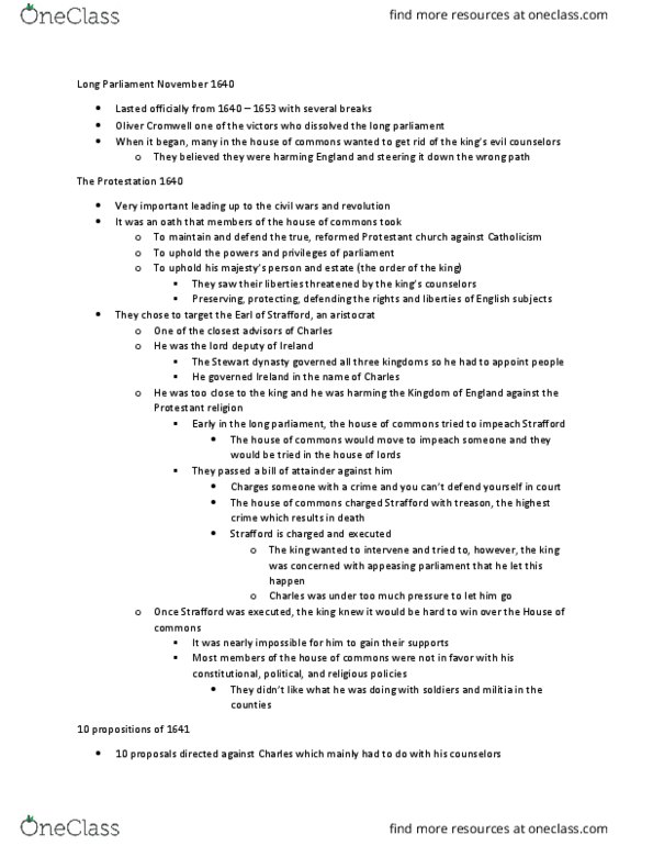 HIS 1150 Lecture Notes - Lecture 6: Grand Remonstrance, House Of Stuart, Long Parliament thumbnail