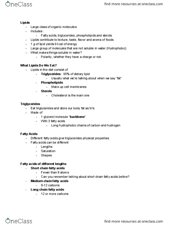 NUTR 1010 Lecture Notes - Lecture 11: Short-Chain Fatty Acid, Lipid Bilayer, Methyl Group thumbnail