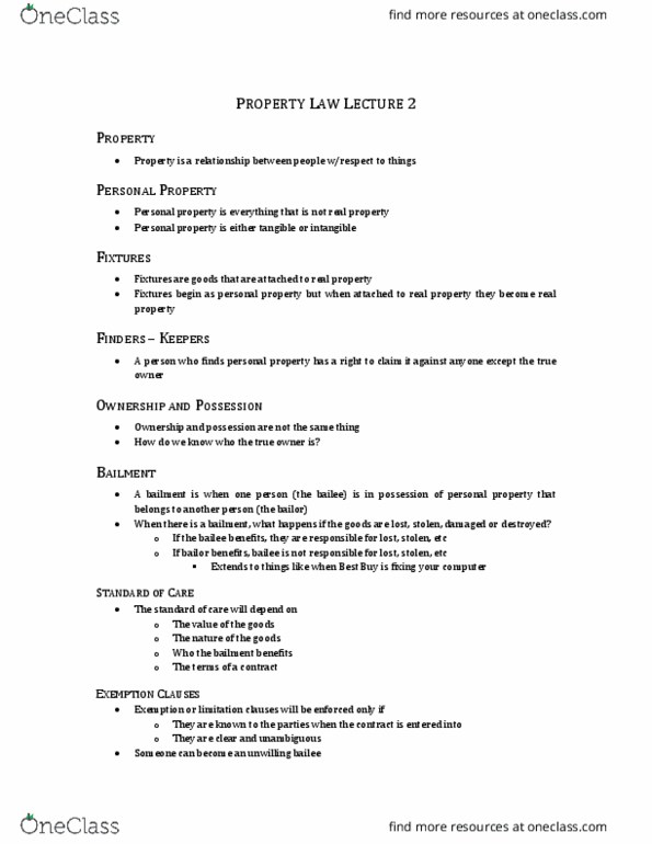 Law 2101 Lecture Notes - Lecture 8: Bailment, Estate Planning, Tax Avoidance thumbnail