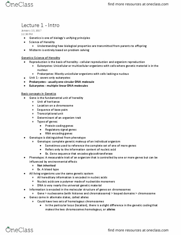 BIOL 2030 Lecture Notes - Lecture 1: Cell Nucleus, Phenotype, Chromosome thumbnail