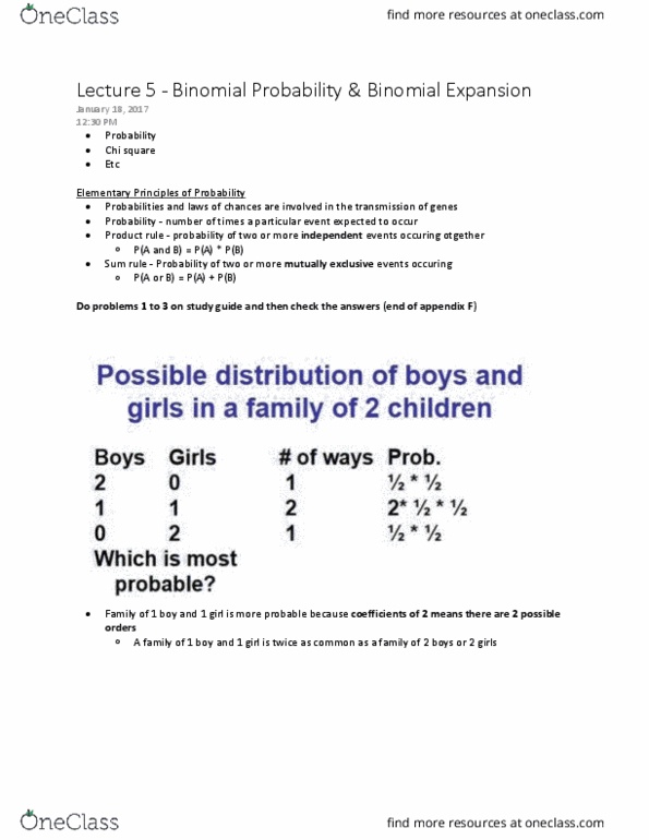 BIOL 2030 Lecture Notes - Lecture 5: Binomial Distribution, Mutual Exclusivity, Binomial Coefficient thumbnail