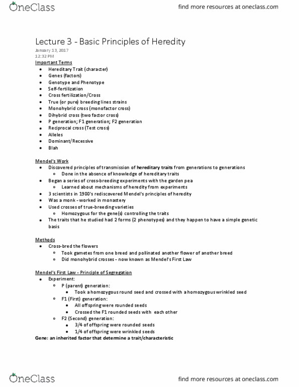 BIOL 2030 Lecture Notes - Lecture 3: Reciprocal Cross, Gamete, Pea thumbnail