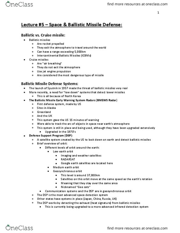 PSCI 3607 Lecture Notes - Lecture 5: United States Northern Command, Missile Approach Warning System, Satellite Television thumbnail