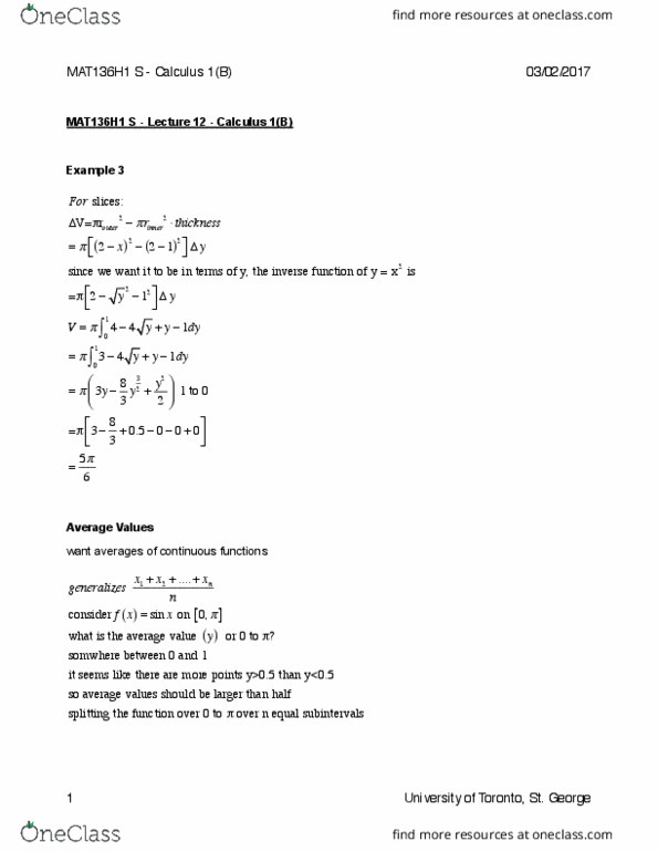 MAT136H1 Lecture Notes - Lecture 12: Riemann Sum, Inverse Function thumbnail
