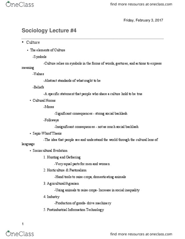 SOC 1010 Lecture Notes - Lecture 4: Pastoralism, Ethnocentrism, Social Inequality thumbnail