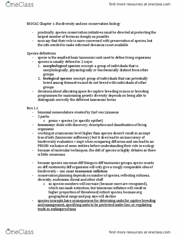 BIOC62H3 Chapter Notes - Chapter 1: Binomial Nomenclature, Introduced Species, Species Richness thumbnail