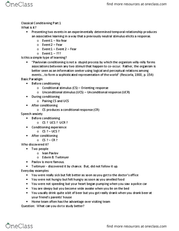 PSY 383 Lecture Notes - Lecture 4: Fear Conditioning, Cerebellum, Sexual Arousal thumbnail