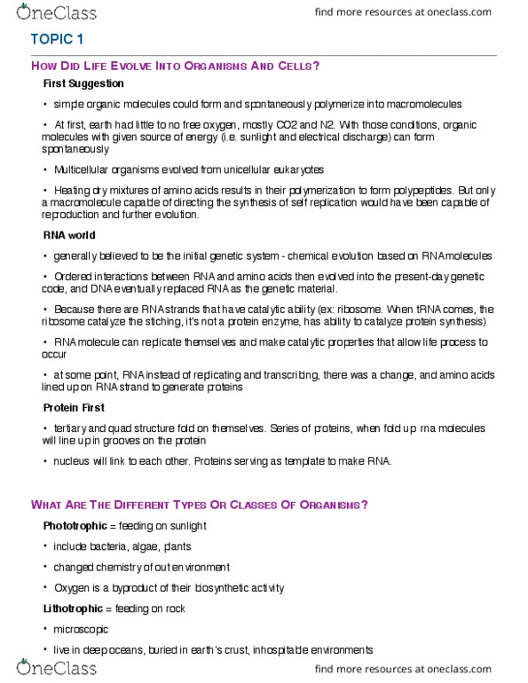 BIO 1140 Lecture Notes - Lecture 1: Cyanobacteria, Vacuole, Macromolecule thumbnail