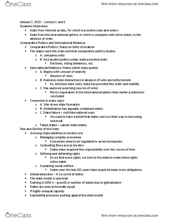 Political Science 1020E Lecture Notes - Lecture 2: Dualism, Failed State, Comparative Politics thumbnail