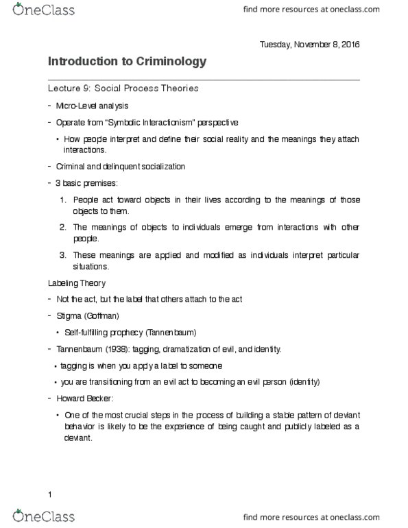 Sociology 2266A/B Lecture Notes - Lecture 9: Edwin Sutherland, Labeling Theory, Egotism thumbnail