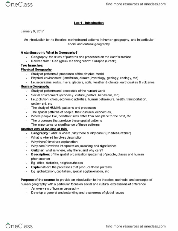 GEOG 1HA3 Lecture Notes - Lecture 1: Social Environment, Cultural Geography, Human Geography thumbnail