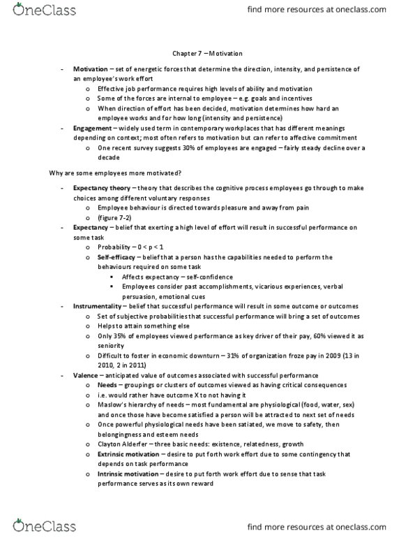 Management and Organizational Studies 2181A/B Chapter Notes - Chapter 7: Motivation, Clayton Alderfer, Merit Pay thumbnail
