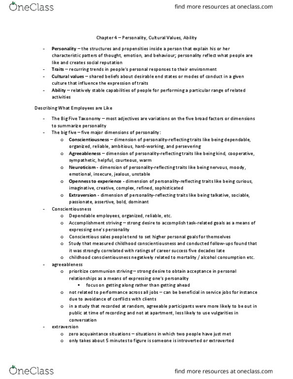 Management and Organizational Studies 2181A/B Chapter Notes - Chapter 4: Graduate Management Admission Test, Conscientiousness, Negative Affectivity thumbnail
