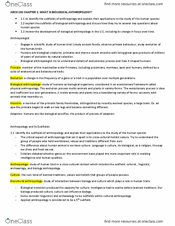 ARCH 131 Chapter Notes - Chapter 1: Comparative Anatomy, Molecular Anthropology, Jane Goodall thumbnail