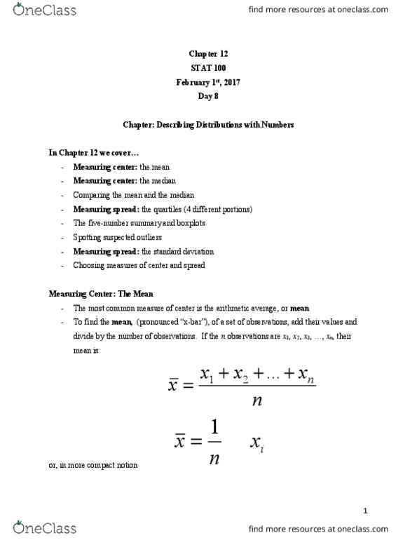 STAT 100 Lecture Notes - Lecture 8: Standard Deviation, Quartile thumbnail