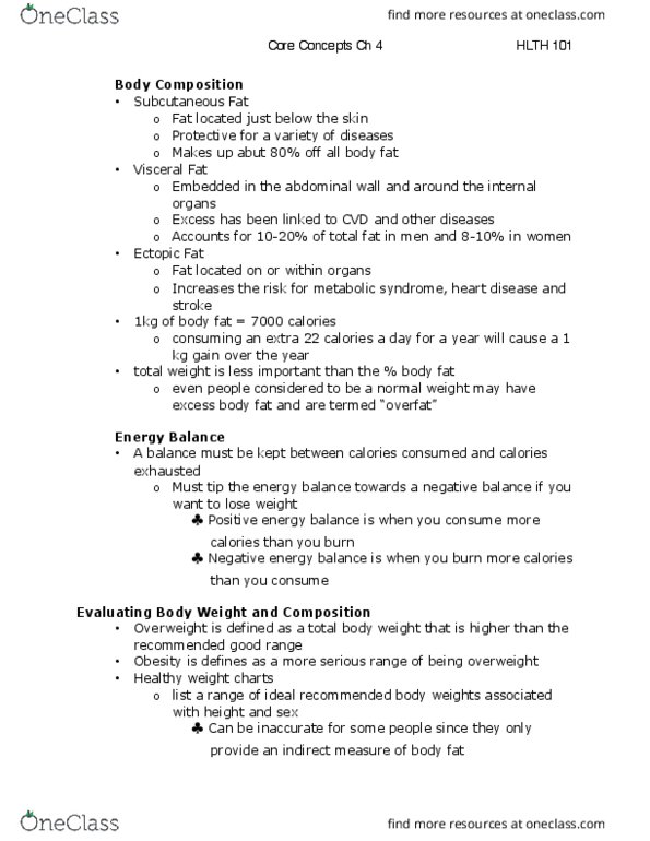 HLTH101 Chapter Notes - Chapter 4: Body Fat Percentage, Body Mass Index, Body Composition thumbnail