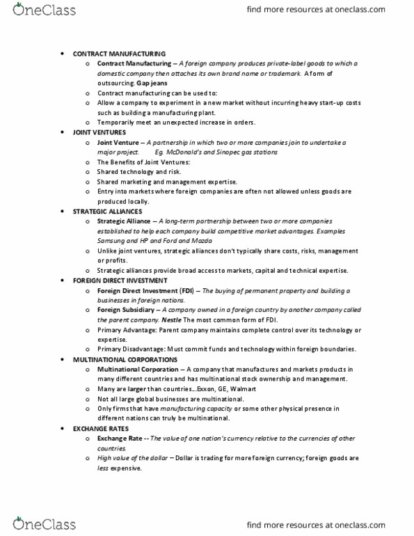 BUS 1000 Lecture Notes - Lecture 5: Foreign Direct Investment, Multinational Corporation, Contract Manufacturer thumbnail