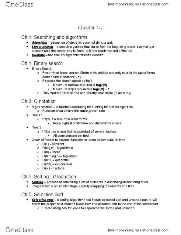 COSC 2320 Chapter Notes - Chapter 1-7: Search Algorithm, Sorting Algorithm, Linear Search thumbnail