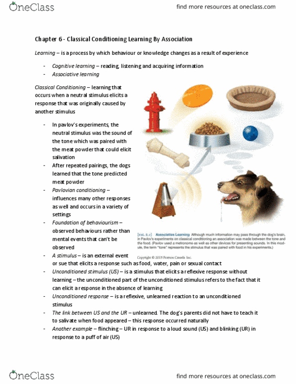 PSYC 1013 Lecture Notes - Lecture 5: Classical Conditioning, Conditioned Taste Aversion, Drug Tolerance thumbnail