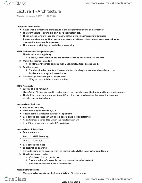 CSE 220 Lecture Notes - Lecture 4: Reduced Instruction Set Computing, Mips Instruction Set, Operand thumbnail