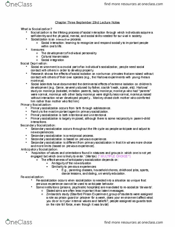 SOC 104 Lecture Notes - Lecture 3: Tuning Fork, Stanford Prison Experiment, Resocialization thumbnail