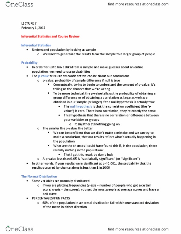 SOCECOL 10 Lecture Notes - Lecture 7: Statistical Inference, Null Hypothesis, Standard Score thumbnail