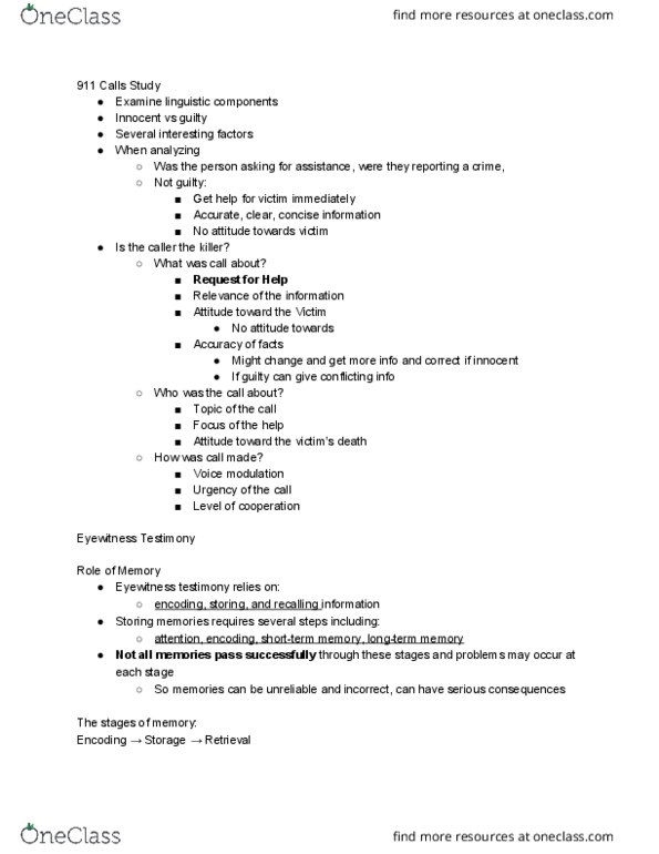 PSY 3173 Lecture Notes - Lecture 3: Eyewitness Testimony, Free Recall, Recognition Memory thumbnail