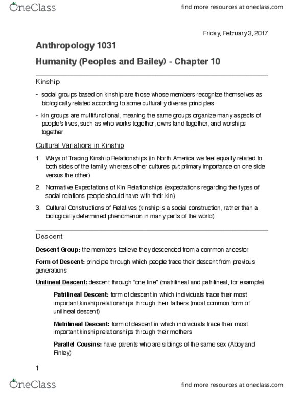 ANTH 1031 Chapter Notes - Chapter 10: Unilineality, Patrilineality, Consistency thumbnail