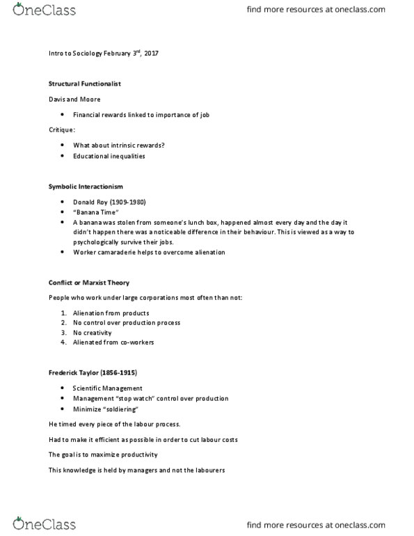 SOCIOL 1A06 Lecture Notes - Lecture 40: Symbolic Interactionism, Marxism, Scientific Management thumbnail