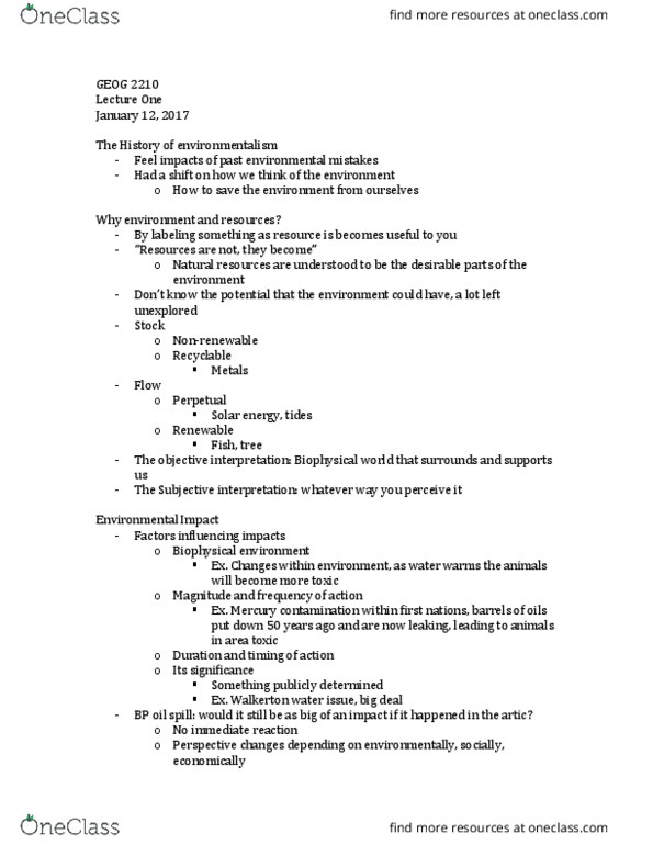 GEOG 2210 Lecture Notes - Lecture 1: Deepwater Horizon Oil Spill, The Population Bomb, Environmental Degradation thumbnail