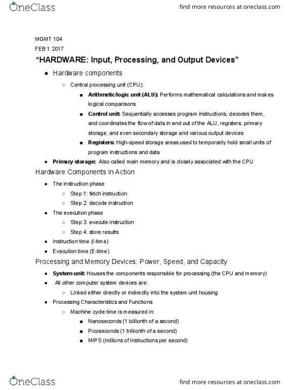 MGMT 104 Lecture Notes - Lecture 3: Central Processing Unit, Computer Data Storage, Control Unit thumbnail