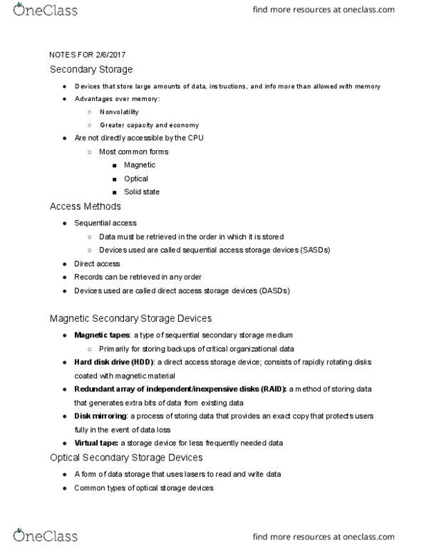 MGMT 104 Lecture Notes - Lecture 4: Direct-Access Storage Device, Holographic Versatile Disc, Optical Storage thumbnail