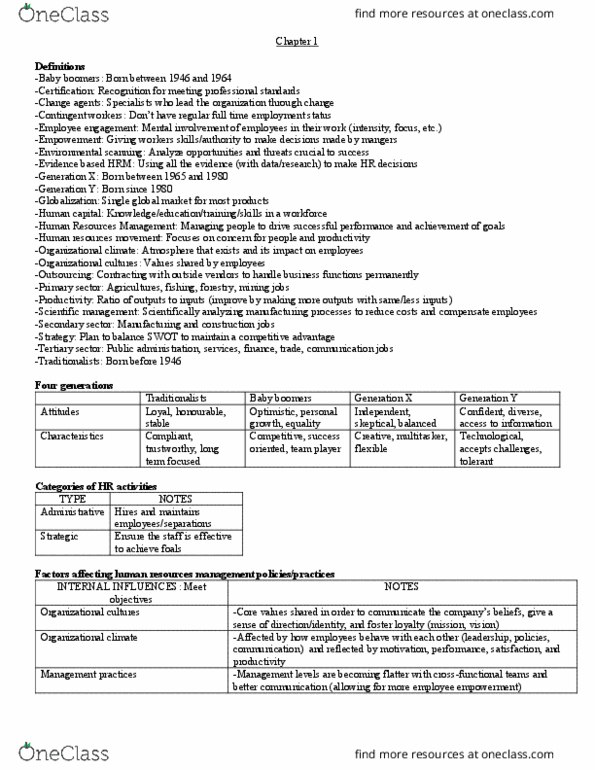 HRM200 Chapter Notes - Chapter 1: Baby Boomers, Tertiary Sector Of The Economy, Organisation Climate thumbnail