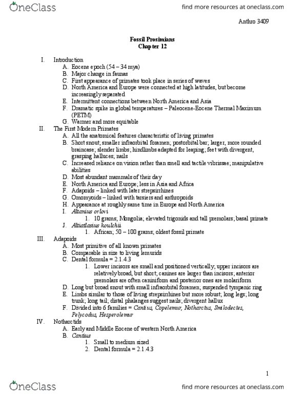 ANTHROP 3409 Chapter Notes - Chapter 12: Altiatlasius, Azibius, Mandibular Symphysis thumbnail