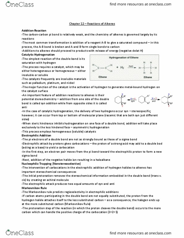 CHEM 0310 Lecture Notes - Lecture 12: Electrophilic Addition, Syn And Anti Addition, Steric Effects thumbnail