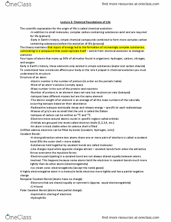 BIOSC 0100 Lecture Notes - Lecture 4: Covalent Bond, Ice Cream Cone, Hydrogen Bond thumbnail