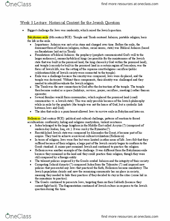 HIST 222 Lecture Notes - Lecture 4: Babylonian Captivity, Jewish Philosophy, Jewish Question thumbnail