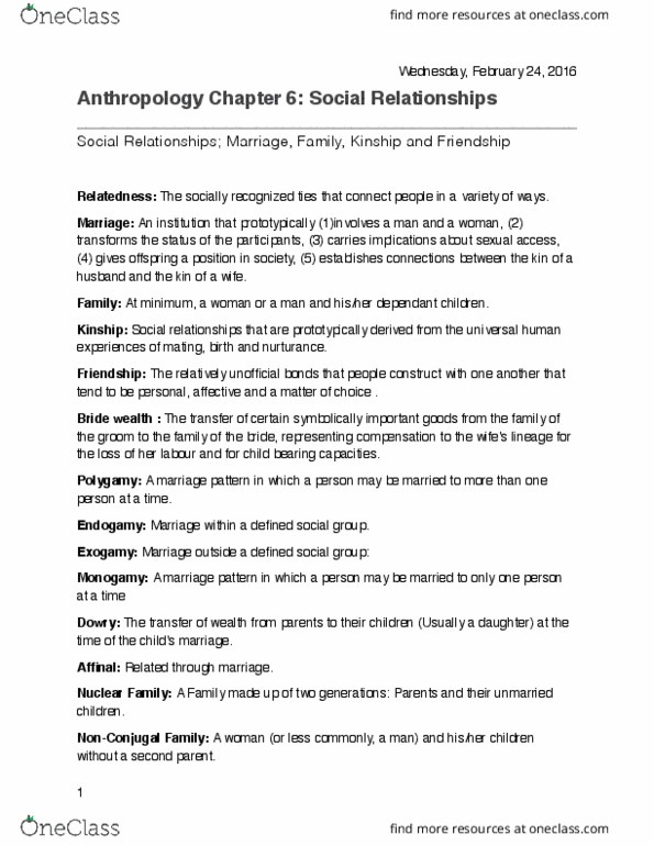 ANTH 1001 Chapter Notes - Chapter 6: Exogamy, Endogamy, Dowry thumbnail