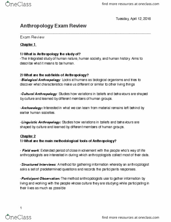 ANTH 1001 Final: Anthropology Exam Review - OneClass