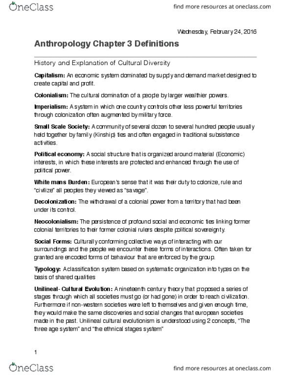 ANTH 1001 Chapter Notes - Chapter 3: Sociocultural Evolution, Neocolonialism, Lewis H. Morgan thumbnail