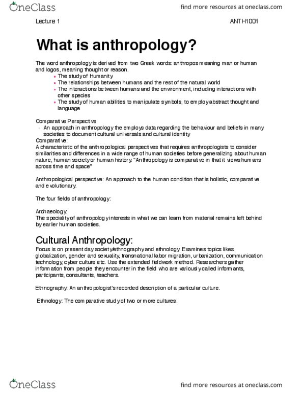 ANTH 1001 Lecture Notes - Lecture 1: Urban Anthropology, Linguistic Anthropology, Medical Anthropology thumbnail