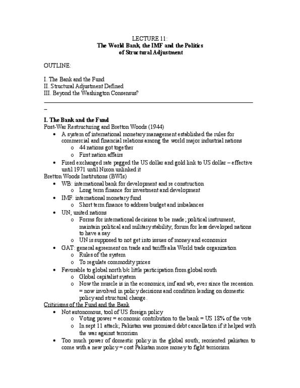 POLB90H3 Lecture Notes - Lecture 11: Bretton Woods System, Structural Adjustment, Debt Relief thumbnail