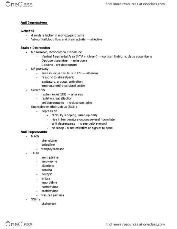 BPS 432 Lecture Notes - Lecture 40: Dopamine Beta-Hydroxylase, Tricyclic Antidepressant, Monoamine Oxidase thumbnail