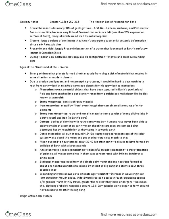 GLY-2250 Chapter Notes - Chapter 11: Canadian Shield, Stony-Iron Meteorite, Oort Cloud thumbnail