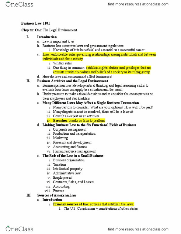 LAW 1101 Chapter 1: Textbook Outline thumbnail