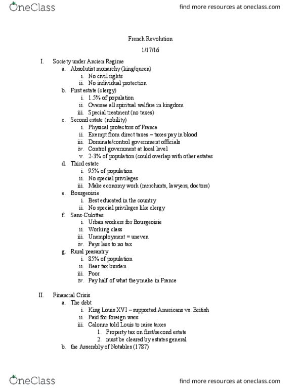 HIST 1020 Lecture Notes - Lecture 1: Charles Alexandre De Calonne, Sans-Culottes, Bourgeoisie thumbnail
