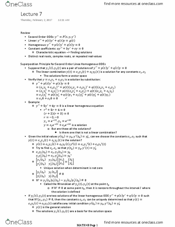 MATH 4B Lecture Notes - Lecture 7: Constant Coefficients, Wronskian, Superposition Principle thumbnail