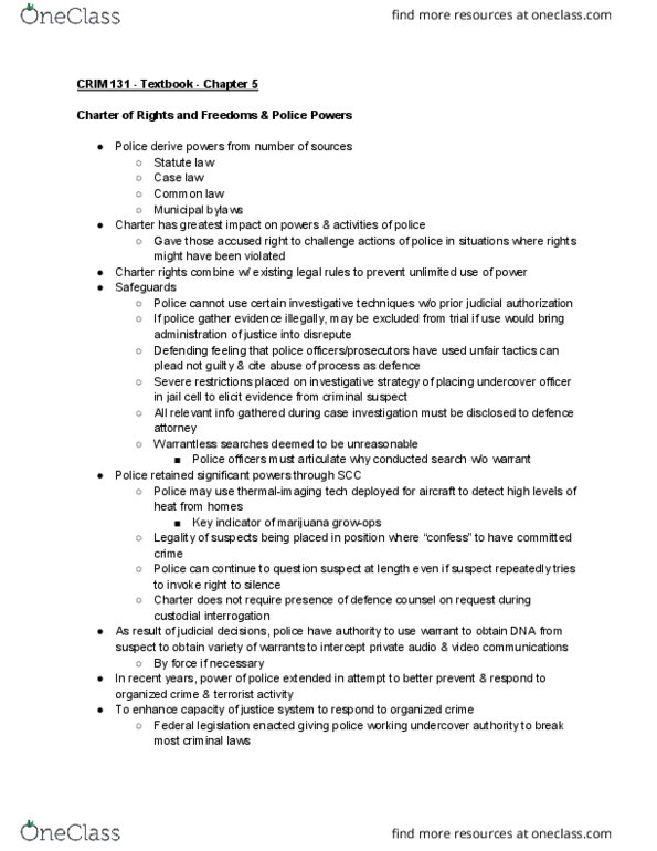 CRIM 131 Chapter Notes - Chapter 5: Arrest Warrant, Search Warrant, Indictable Offence thumbnail